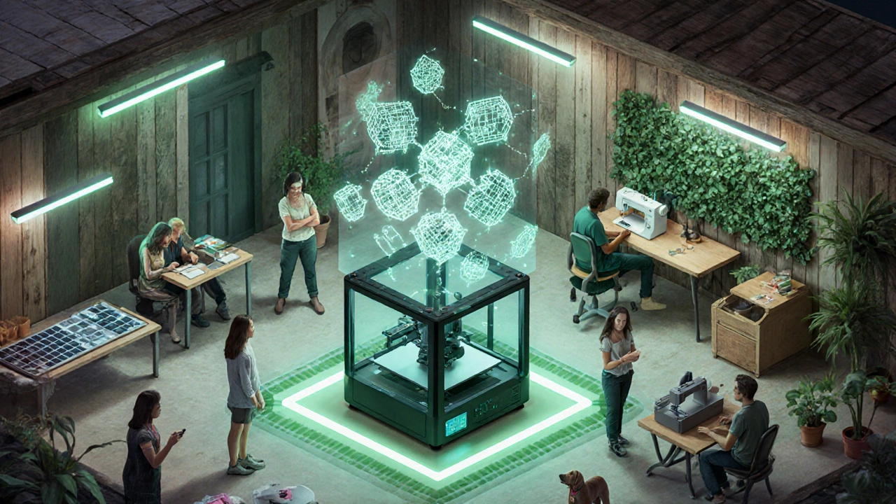 A futuristic maker hub with holographic AI design tools and sustainable micro‑production stations.
