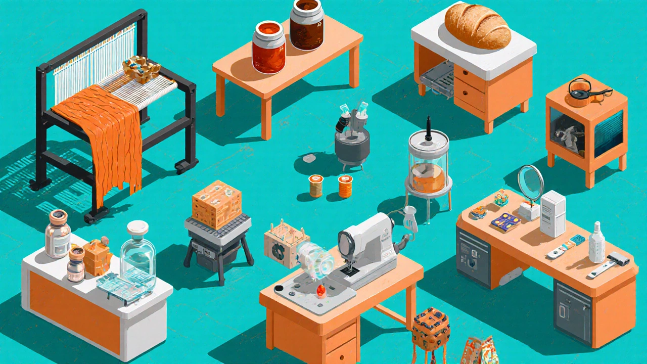 A montage of ten tiny manufacturing stations, including 3D printer, loom, cosmetics lab, and solar kit assembly.