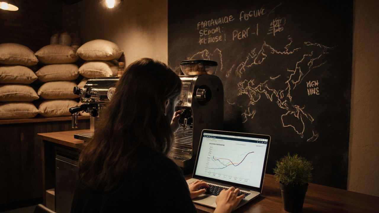 Coffee roaster studio with beans, espresso machine, and owner reviewing profit chart.