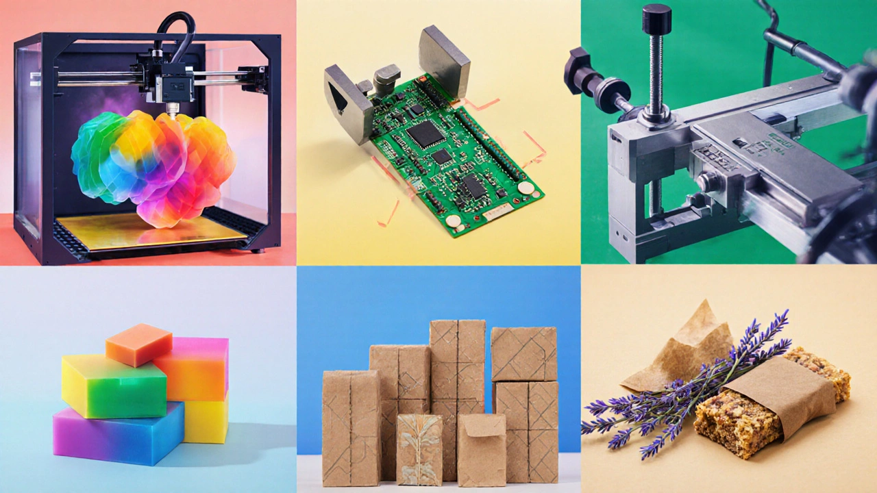 Collage of six niche products: 3D printed part, CNC fixture, PCB, eco packaging, soap, and snack bars.