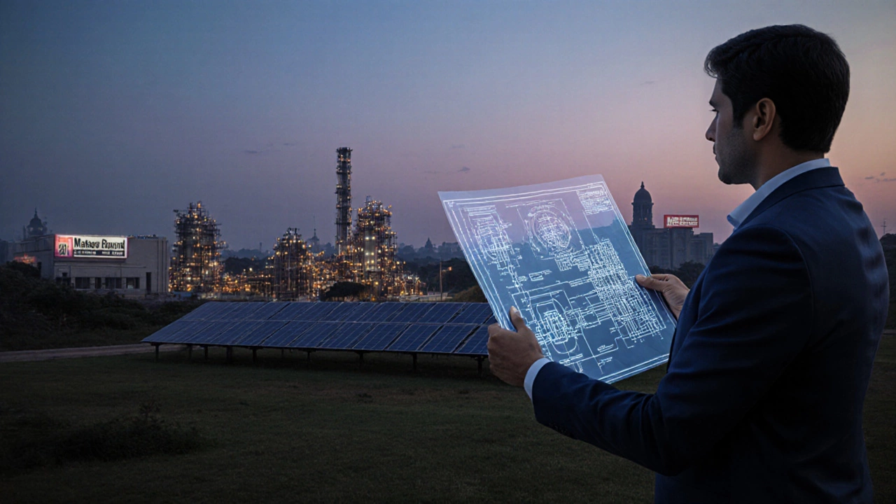 Concept art of a proposed greenfield chemical plant in India with a blueprint overlay.