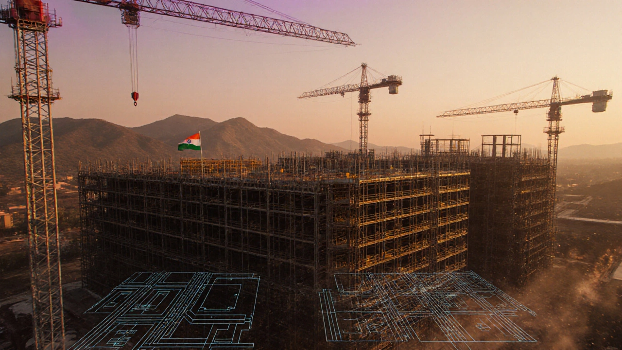 Construction site of a new semiconductor fab in Gujarat with cranes and Indian flag.