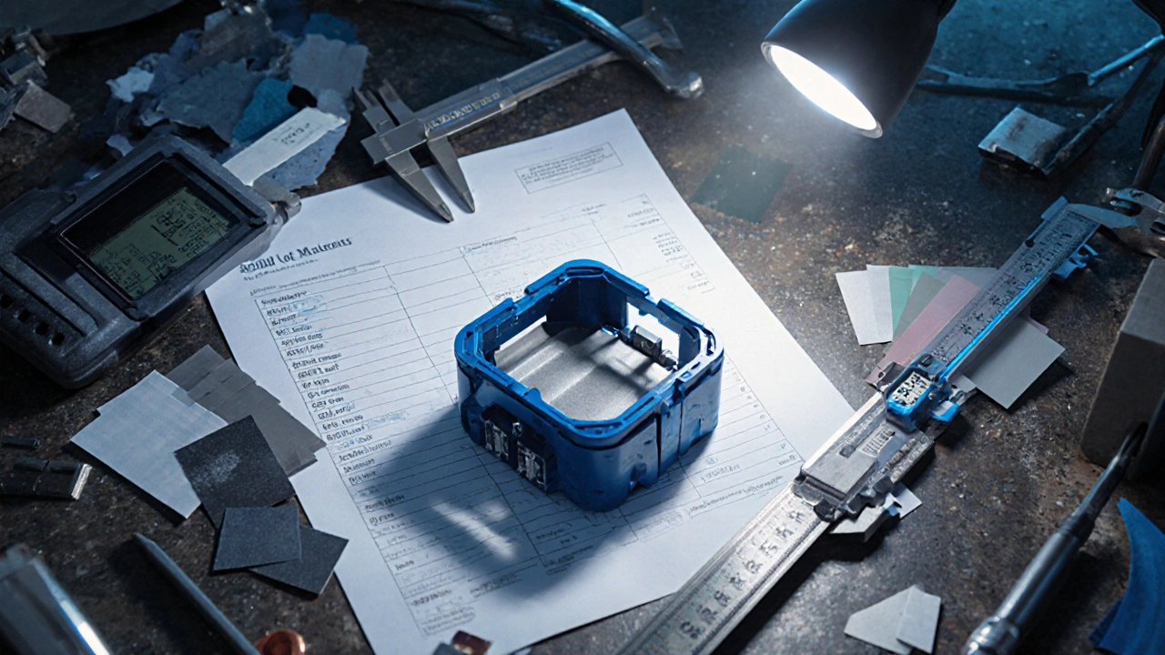 Engineer examines a prototype on a workbench surrounded by material samples and a vague BOM sheet.