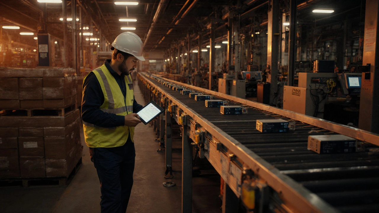 Factory floor with conveyor belt producing the product as entrepreneur reviews progress with supervisor.
