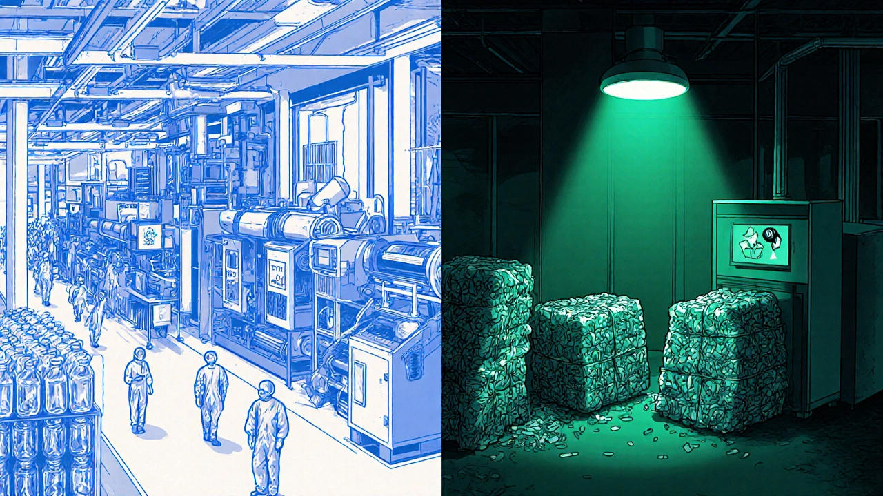 Factory line producing PET bottles beside a recycling center showing high and low collection rates.