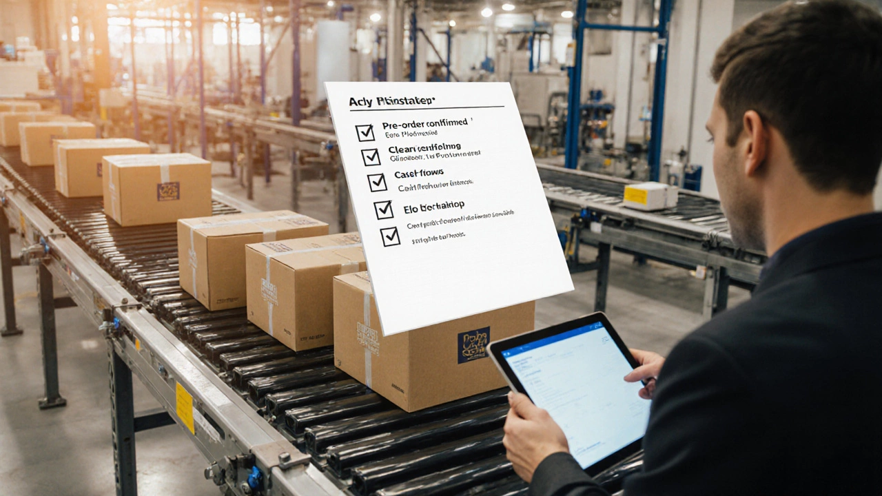 Factory production line with boxed products and a checklist indicating validated launch.