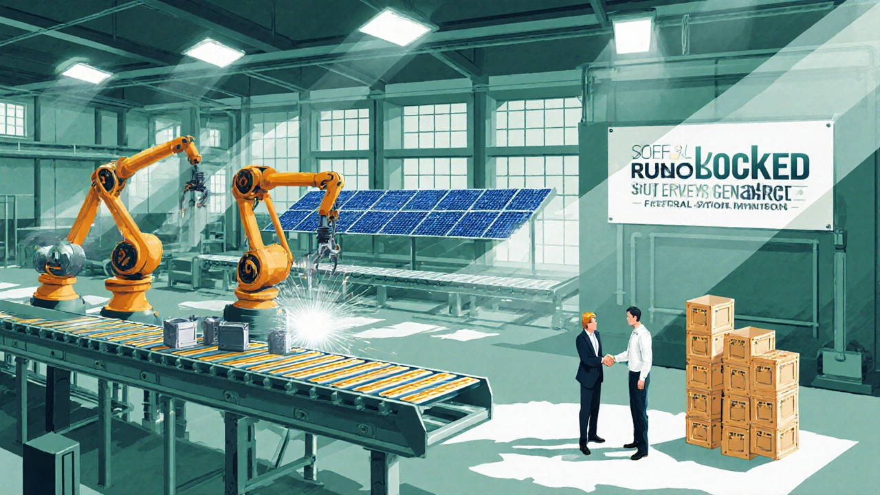 Factory scene of robots, solar panels, and a handshake symbolizing margin improvement.