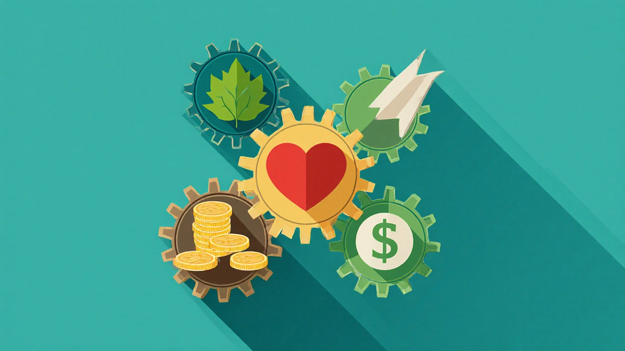 Flat illustration of interlocking gears made of coins, leaf, heart, and cash flow arrow.