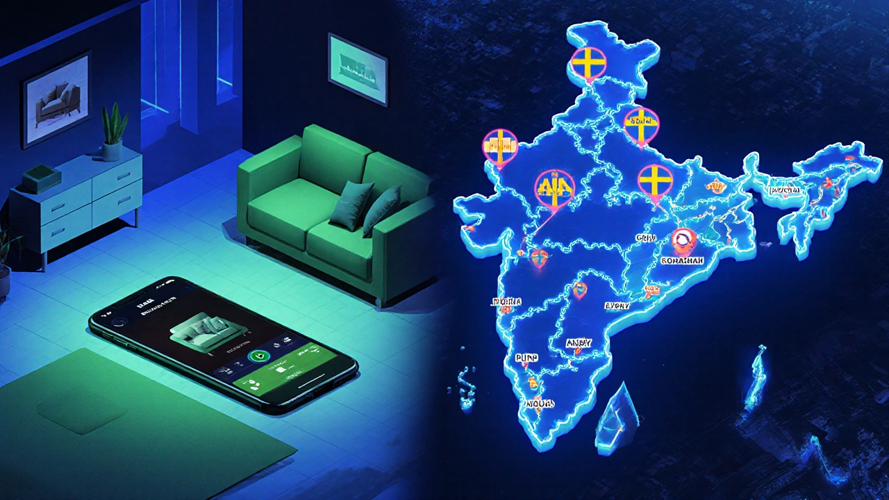 Futuristic AR app visualising IKEA furniture in a home, over a map of expanding tier‑2 city stores.