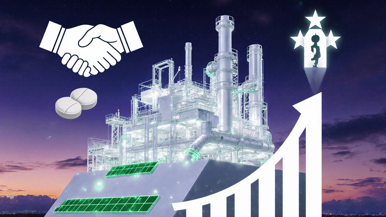 Futuristic biosimilar plant and rising chart indicating Abbott India&#039;s growth toward #3.
