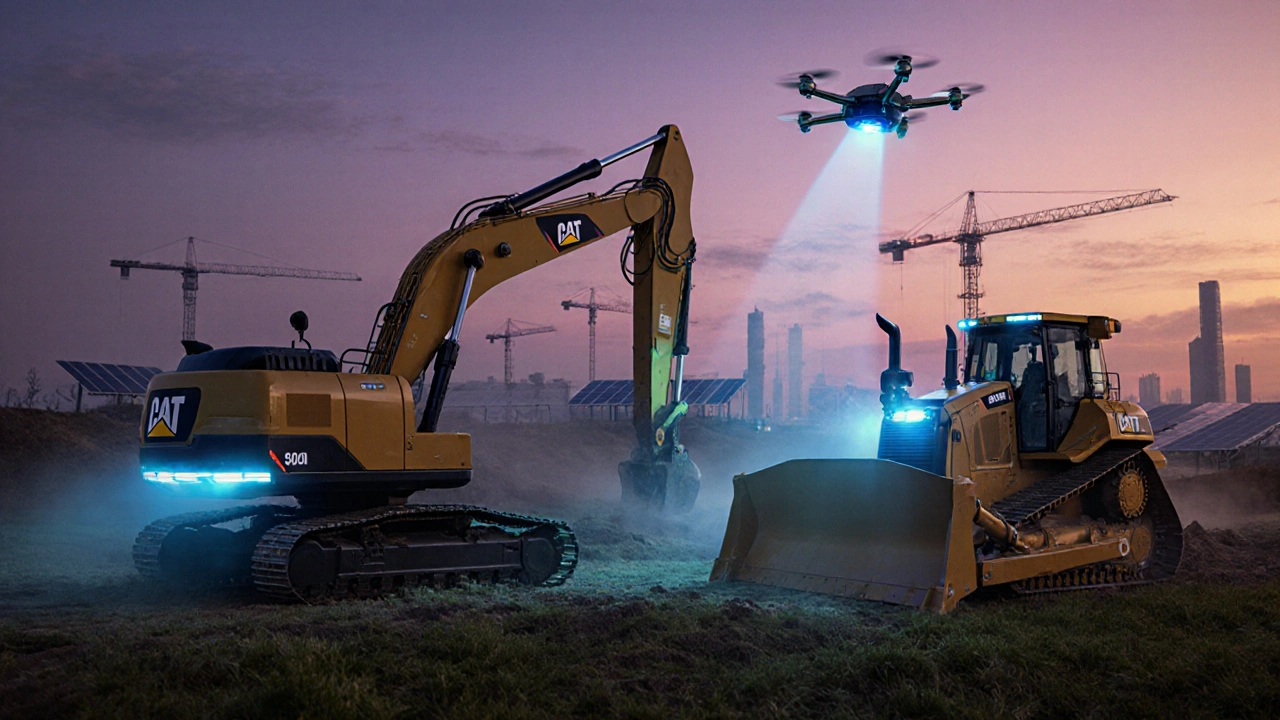 Futuristic electric and hybrid Caterpillar machines operating autonomously on a green‑field construction site at dusk.