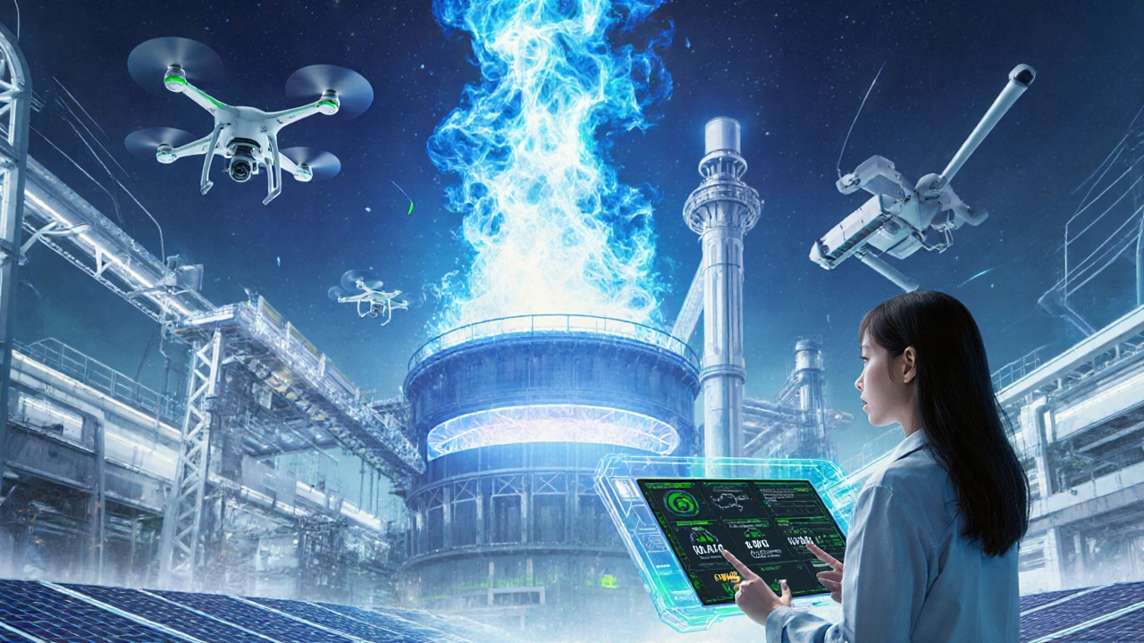 Futuristic hydrogen‑based steel furnace with glowing blue flames and holographic data.