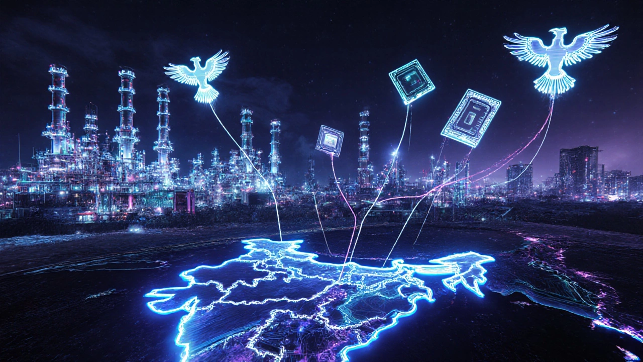 Futuristic Indian skyline blending oil refineries and glowing circuit towers representing export growth.