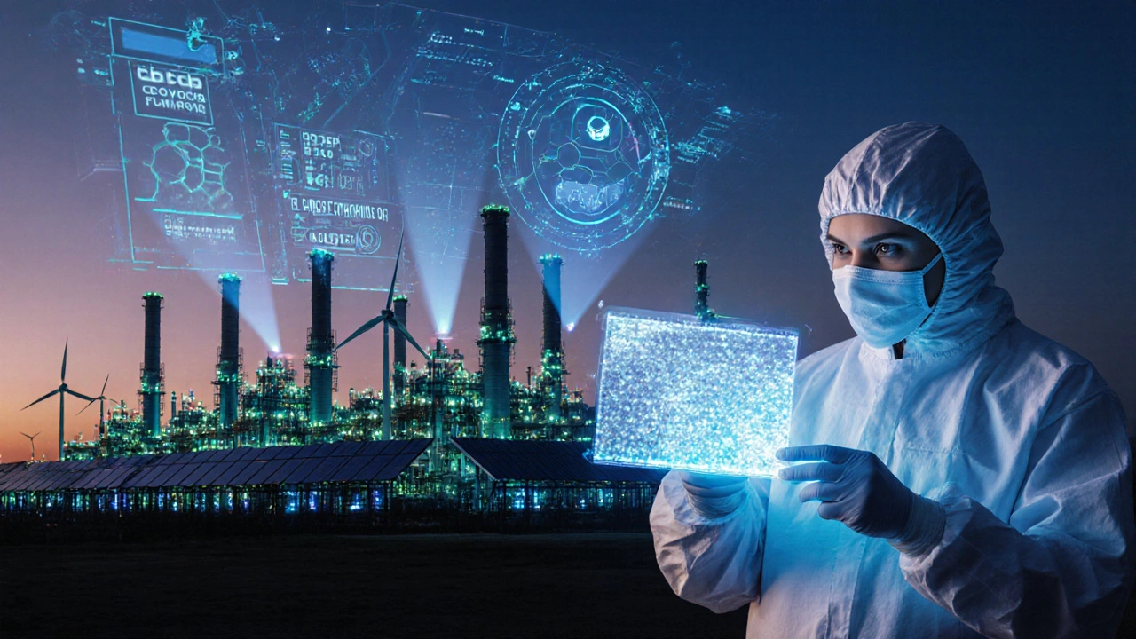Futuristic scene of Indian chemical plants powered by renewable energy with holographic data.