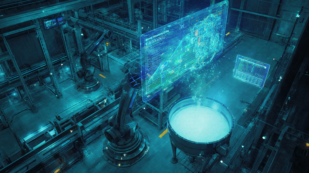 Futuristic smart batch cell with holographic digital twin, IoT sensors, and AI scheduling visuals.