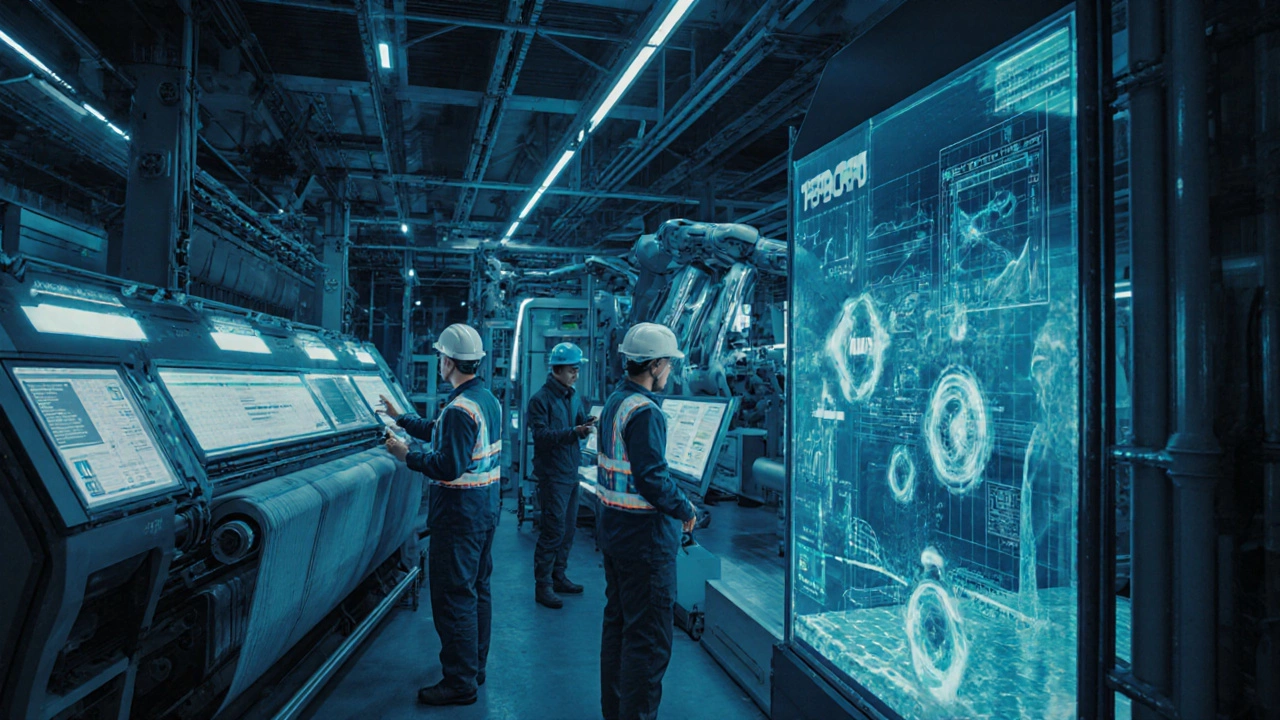 Futuristic textile mill interior featuring AI looms, robotic arms, and a water‑reuse system with engineers monitoring holograms.