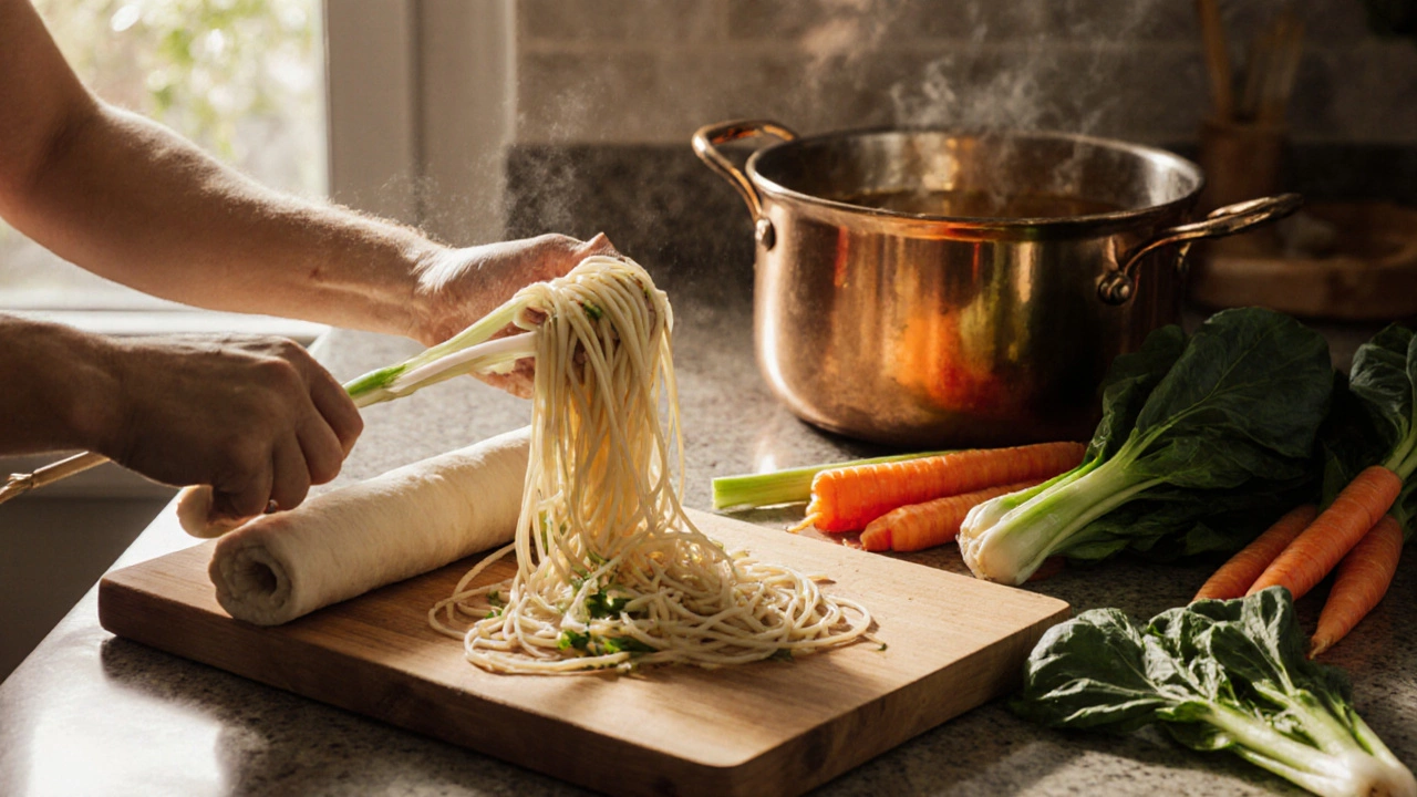 Home kitchen scene with fresh homemade noodles, vegetables, and broth.
