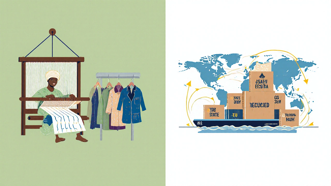 Illustrated scene of a handloom weaver, recycled polyester garments, and shipping containers heading to global markets.