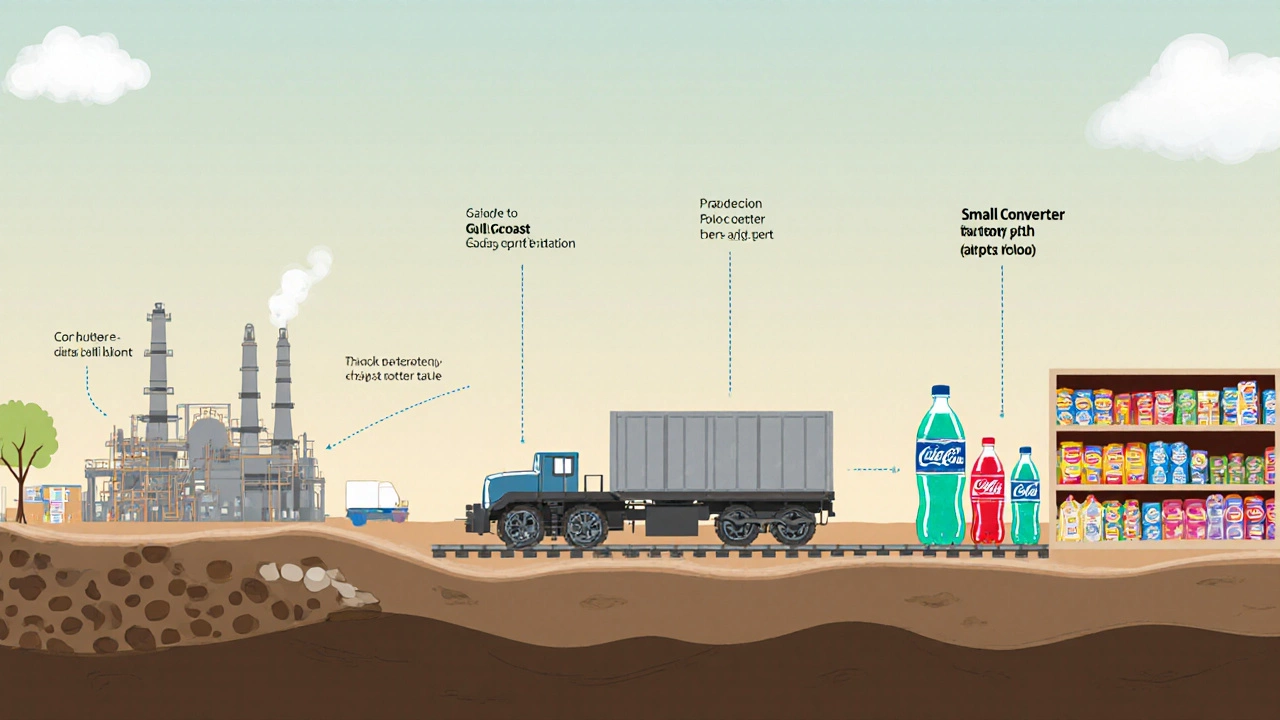 Illustrated supply chain showing plastic pellets traveling from refinery to factory to consumer products.