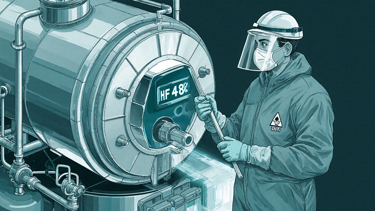 Illustration of a nickel‑alloy tank storing hydrofluoric acid with a worker in hazmat gear.