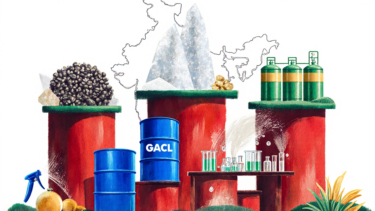 Illustration of five Indian chemical companies represented by their flagship products.