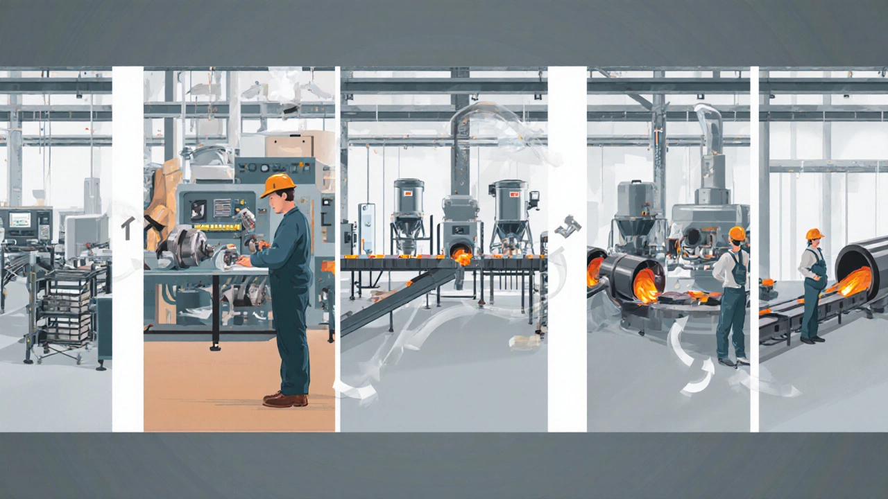 Illustration of five manufacturing systems: job shop, batch line, assembly line, continuous flow, and lean overlay.