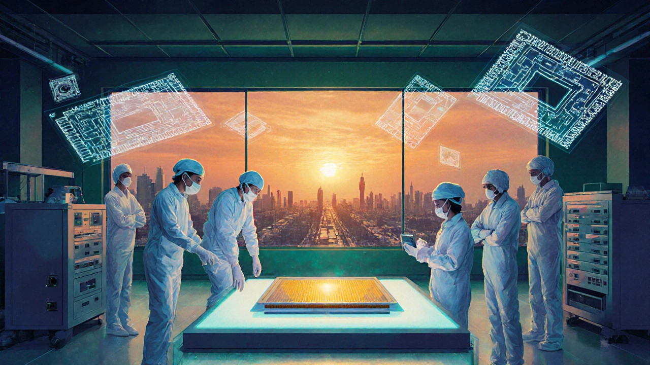 Indian engineers in a cleanroom inspecting a wafer under bright lighting.