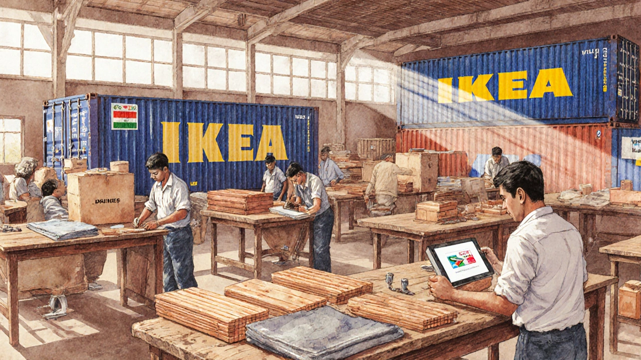 Indian factory workers assembling flat‑pack furniture beside imported components.