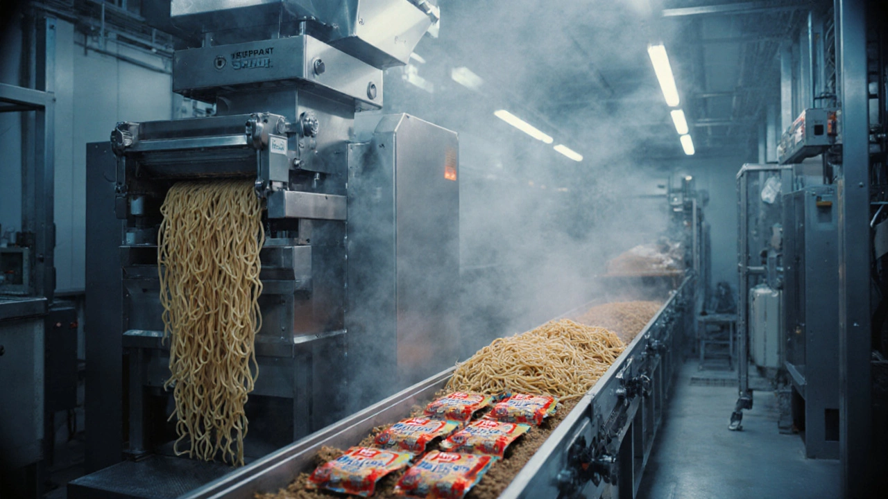 Industrial line producing instant noodles, from extrusion to seasoning and sealing.