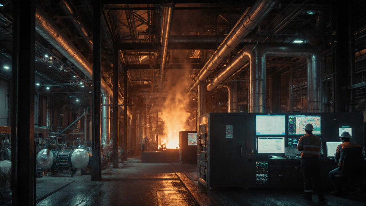 Inside a Pennsylvania plastic plant with glowing furnaces and workers monitoring control panels.