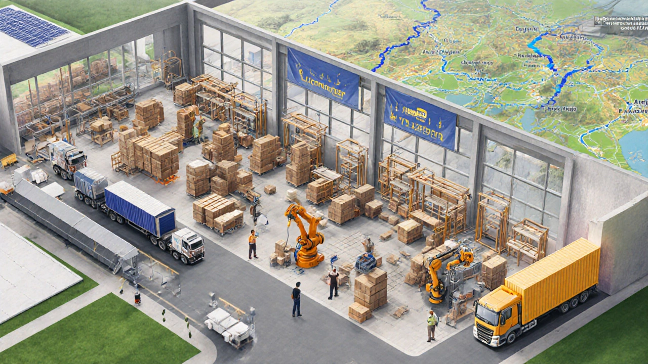 Inside IKEA&#039;s Indian factory with local wood, solar panels, and freight network map.