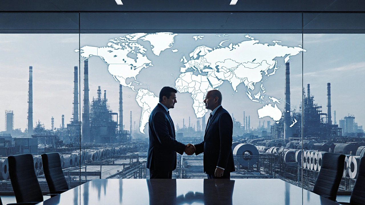 International steel plants and executives illustrate modern consolidation.