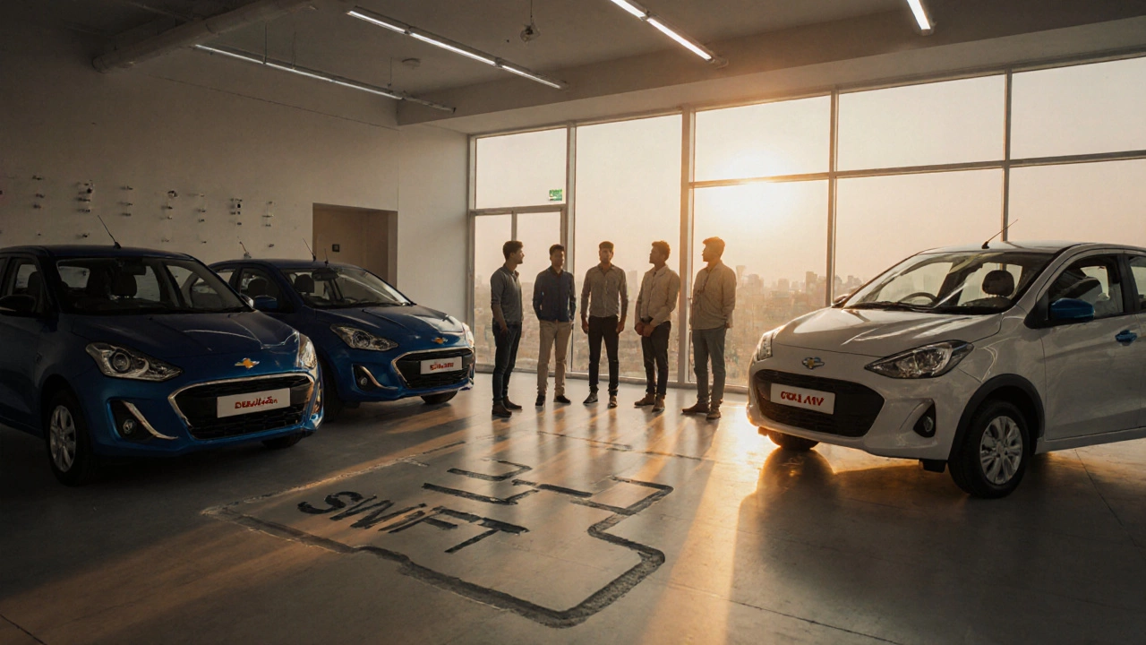 Modern showroom with Maruti and Tata EVs, former Chevrolet space, and hopeful ex‑plant workers.