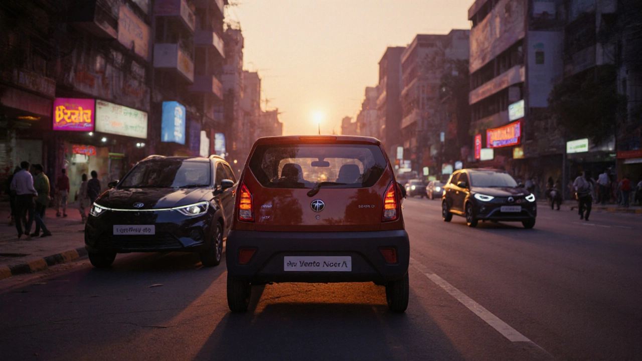Nano parked beside modern Indian cars on a sunset‑lit city street.