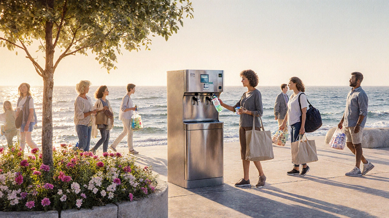 People refilling reusable bottles at a refill station with reusable bags, under a clean sky.