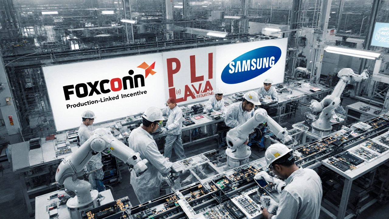 Robotic assembly line in an Indian electronics factory showing smartphones and PLI signage.