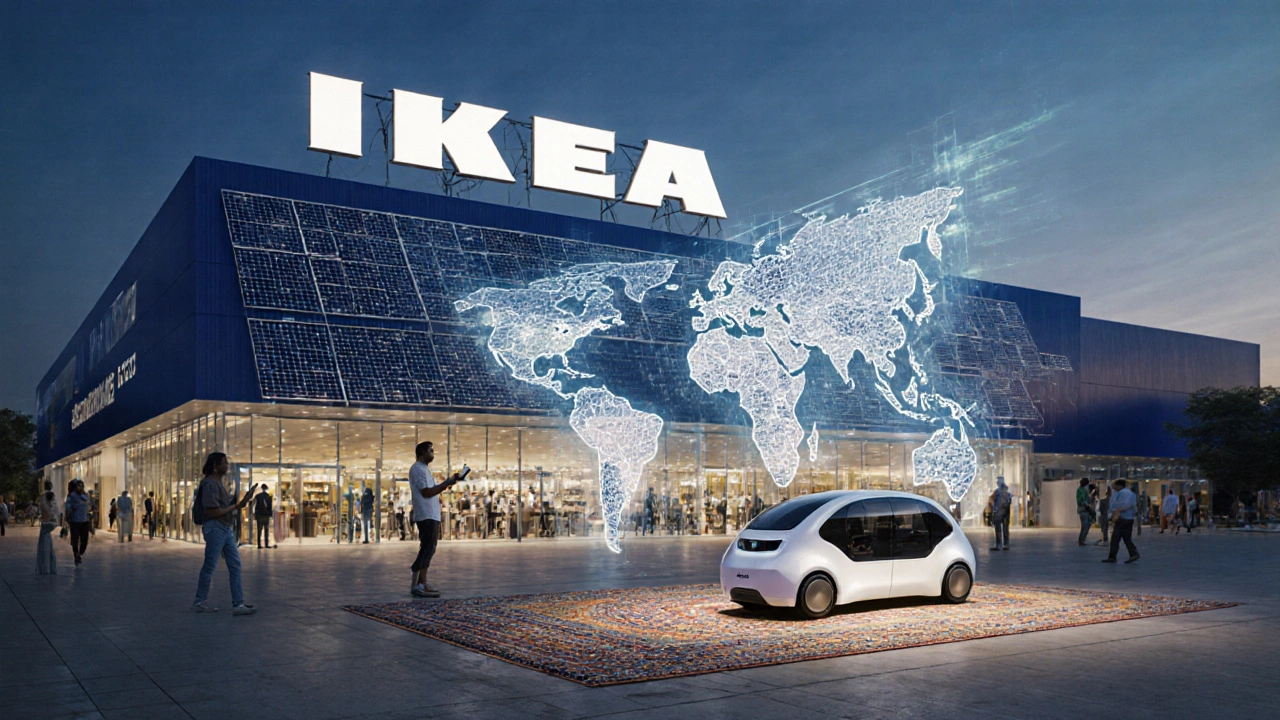 Solar‑powered IKEA store with digital click‑and‑collect and artisan rug display.
