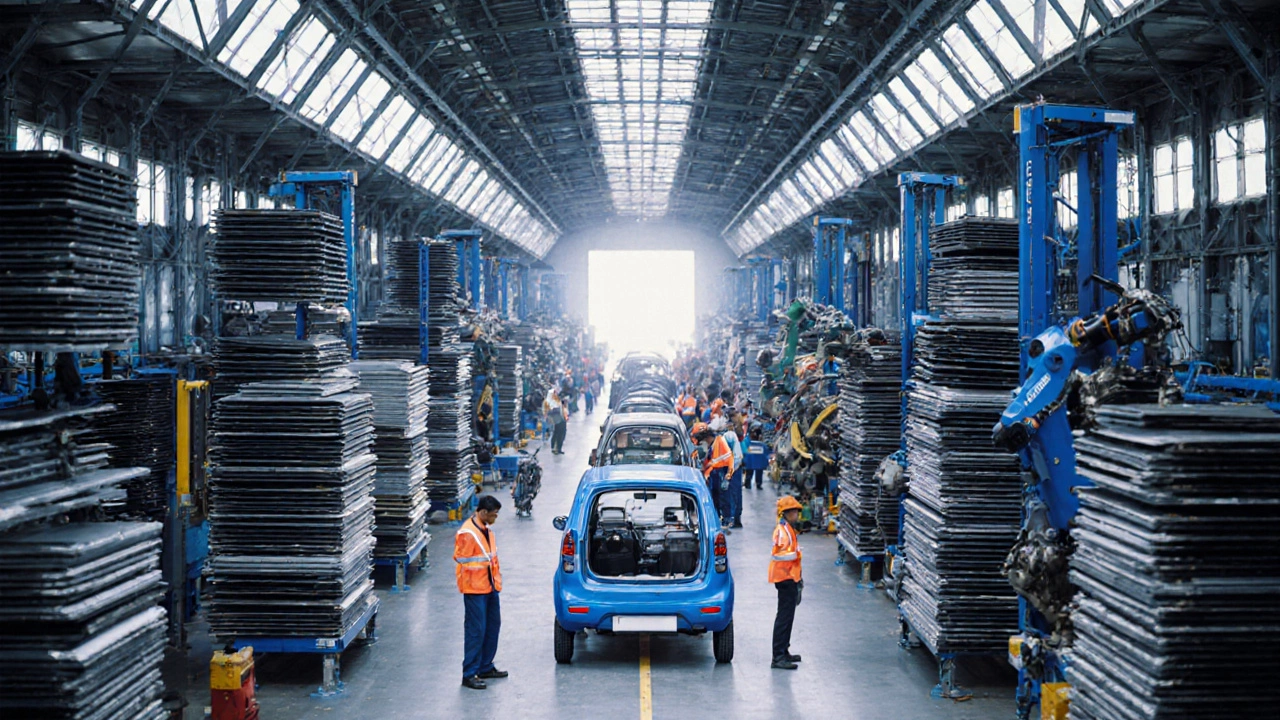 Tata Nano being assembled on a well‑lit factory line with workers inspecting components.