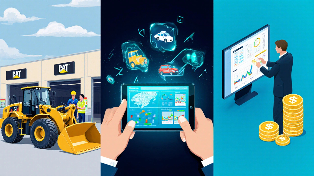 Three-panel illustration: dealer showroom with CAT loader, telematics dashboard on tablet, and executive reviewing financial data.