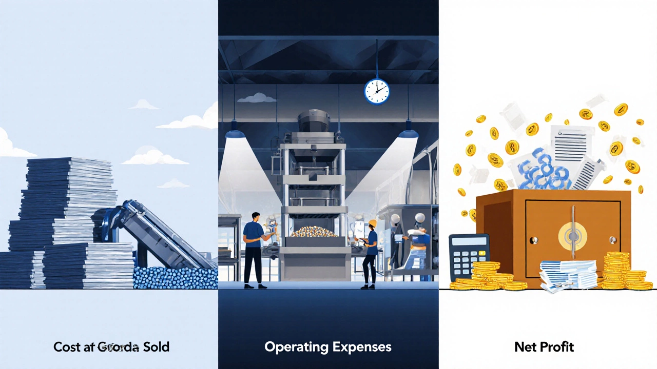 Three-panel visual shows raw materials, production, and profit vault as margin steps.