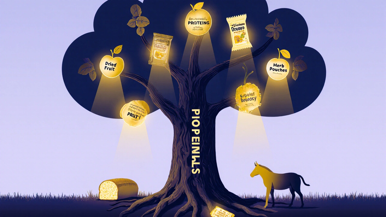 A profit tree with snack products as glowing fruits, roots in low-cost ingredients, low-margin foods decaying below.