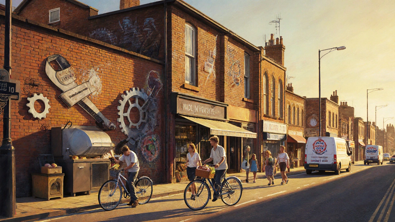 A young person learning CNC machining in a revived factory town, surrounded by local businesses and community life.