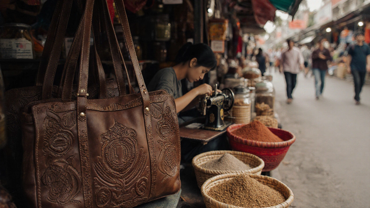 Artisan stitching leather bags at a market stall in Vietnam.