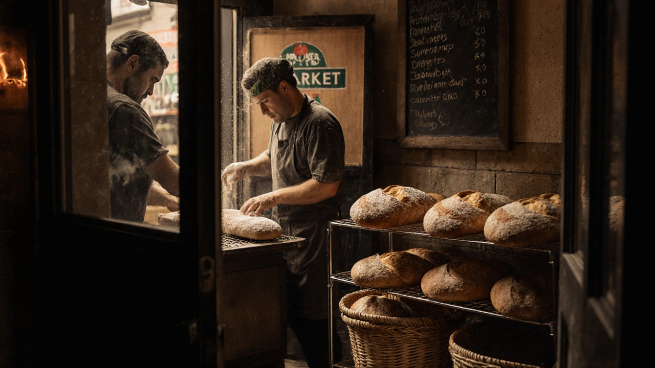 Bakers loading sourdough loaves into a wood-fired oven, flour-dusted and surrounded by cooling bread.