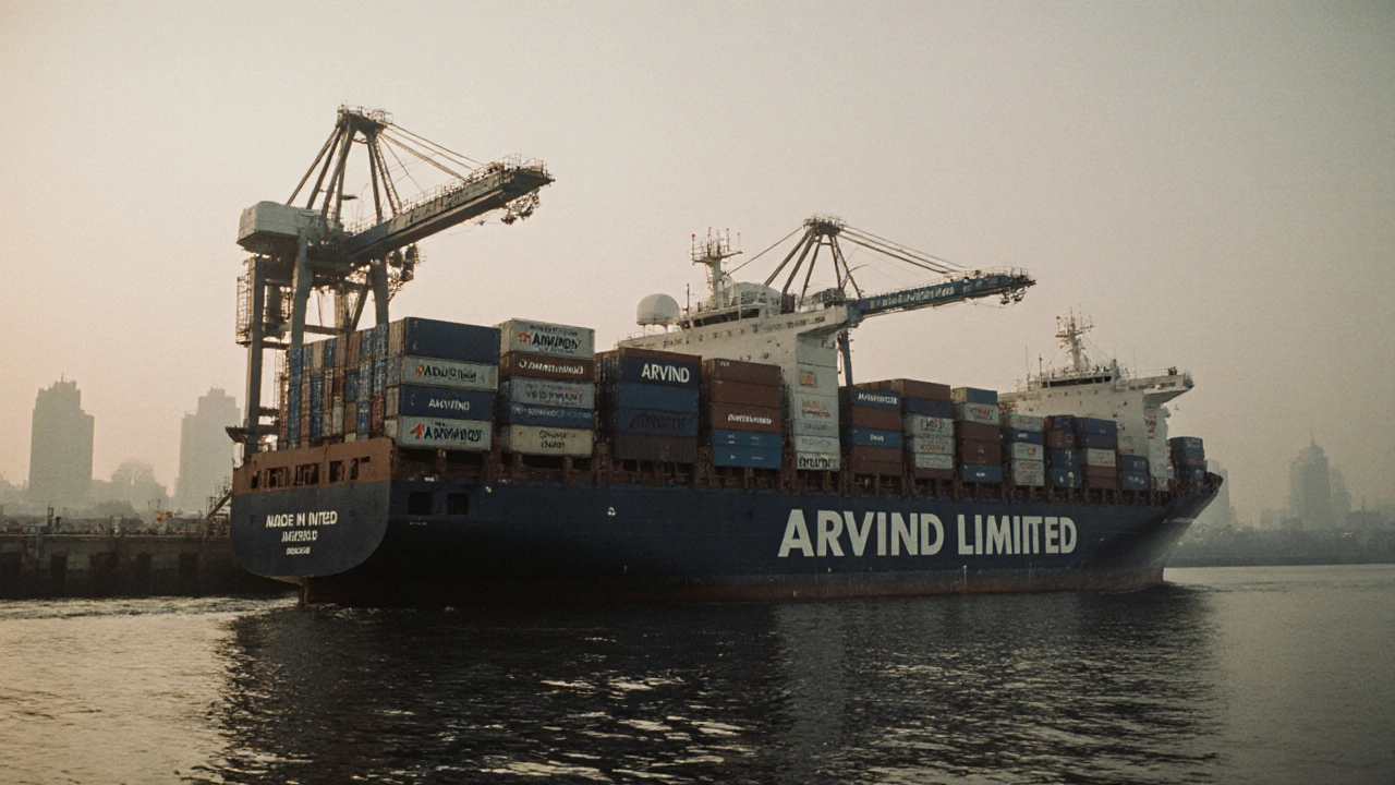 Cargo ship at Mumbai port loaded with export containers marked &#039;Made in India&#039;.
