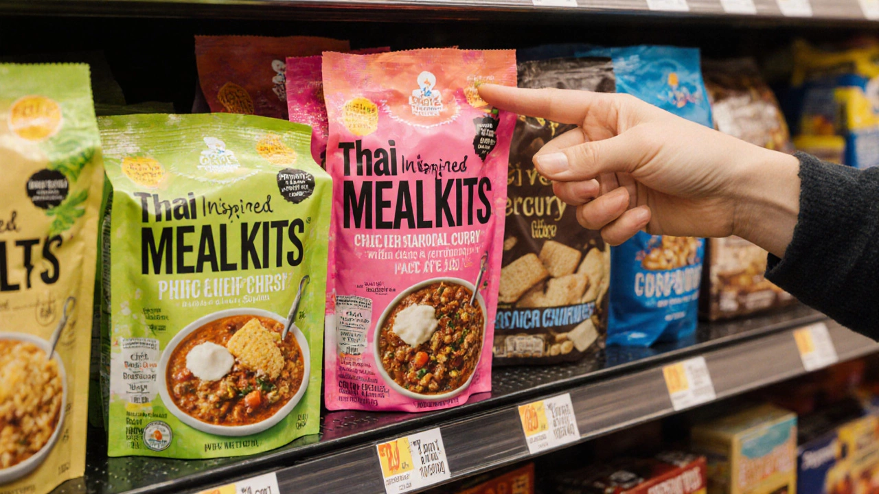 Colorful meal kits on a convenience store shelf, with bold packaging and a customer selecting one.