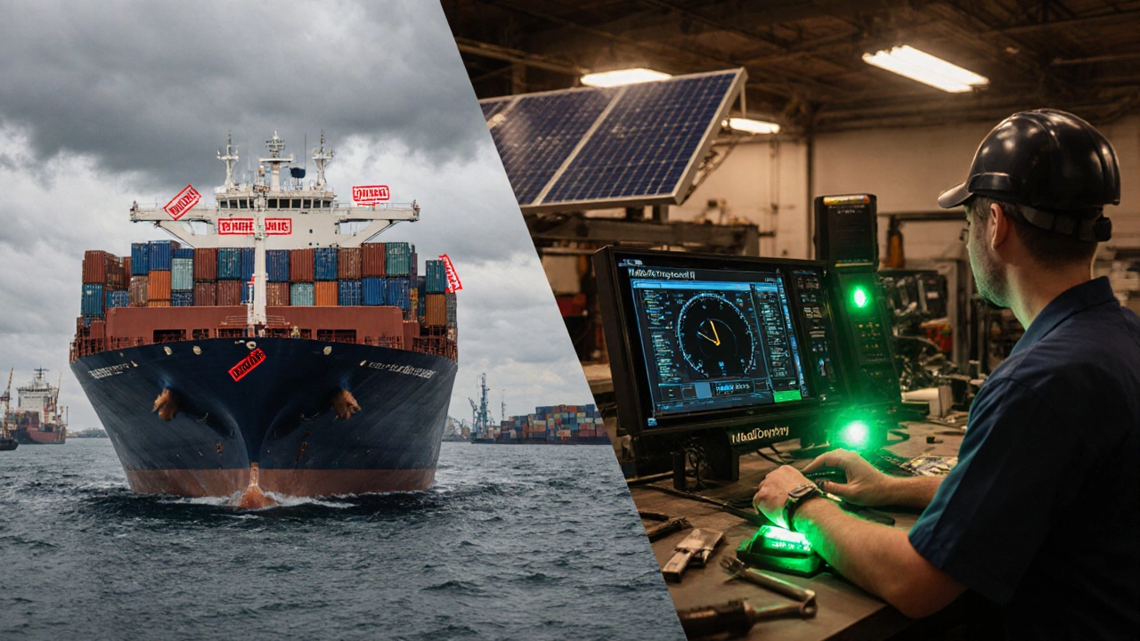 Contrast between congested global shipping and a quiet, efficient local workshop with real-time monitoring.