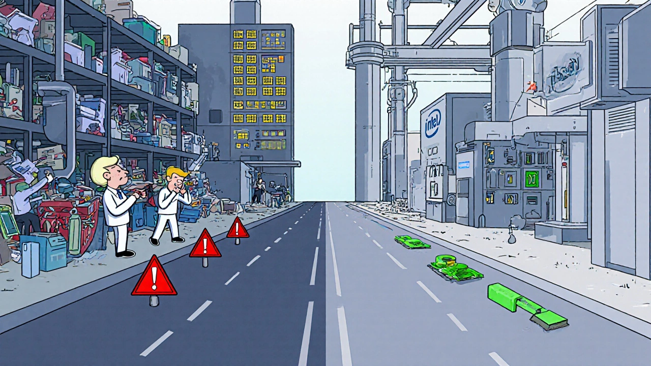 Contrasting scenes: chaotic Intel factory versus smooth TSMC foundry with yield indicators.