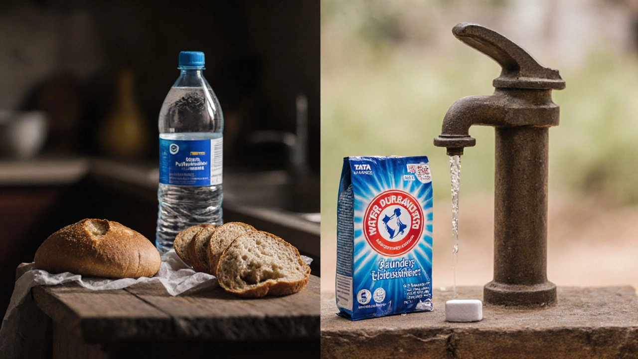 Everyday items like bread, water, detergent, and water tablets on a wooden table, symbolizing hidden chemical use.