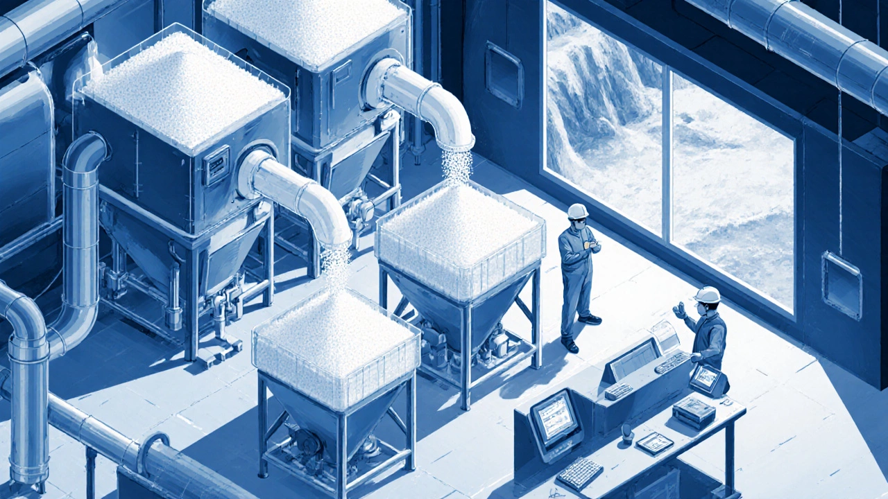 Factory floor with soda ash flowing through pipelines, workers monitoring controls, and a salt mine visible through a window.